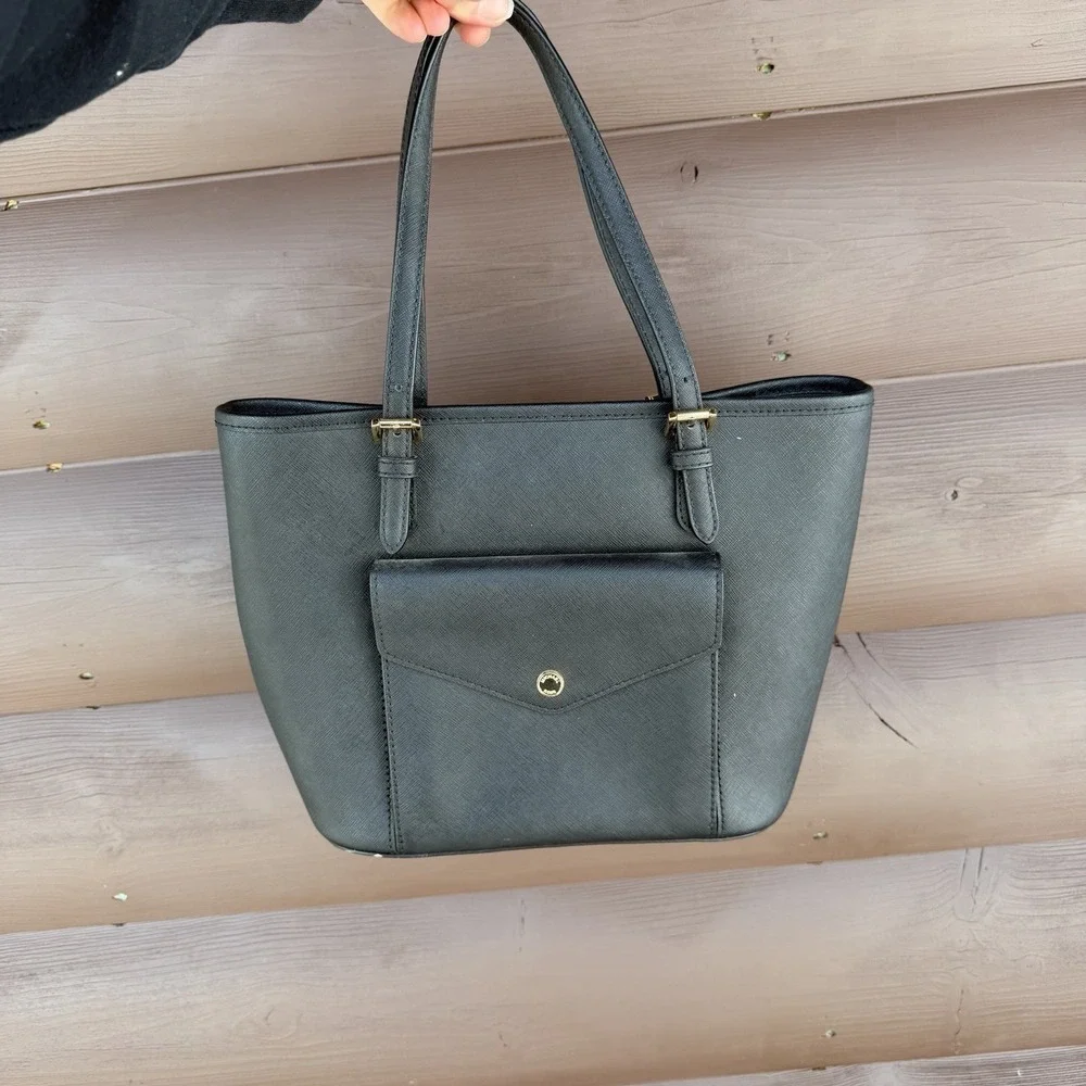 Michael Kors Jet Set Medium Tote Bag Black Saffiano Leather Gold Hardware